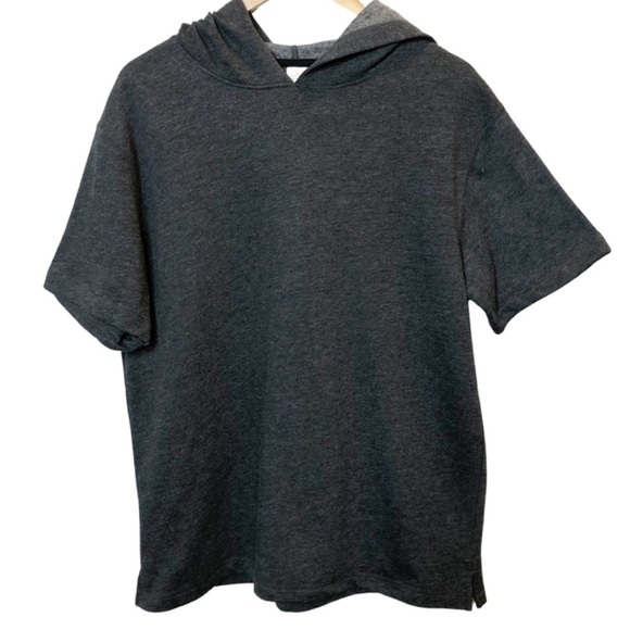 Women’s Dark Heather Grey Charcoal Short Sleeve Hoodie Streetwear Pullover - Picture 5 of 16